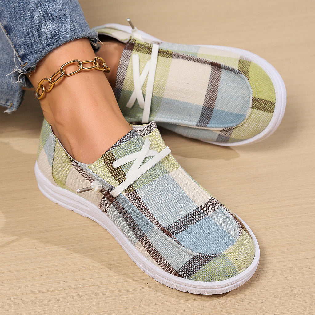 Plaid Canvas Slip-On Sneakers Women Casual Lace-Up Comfort Shoes