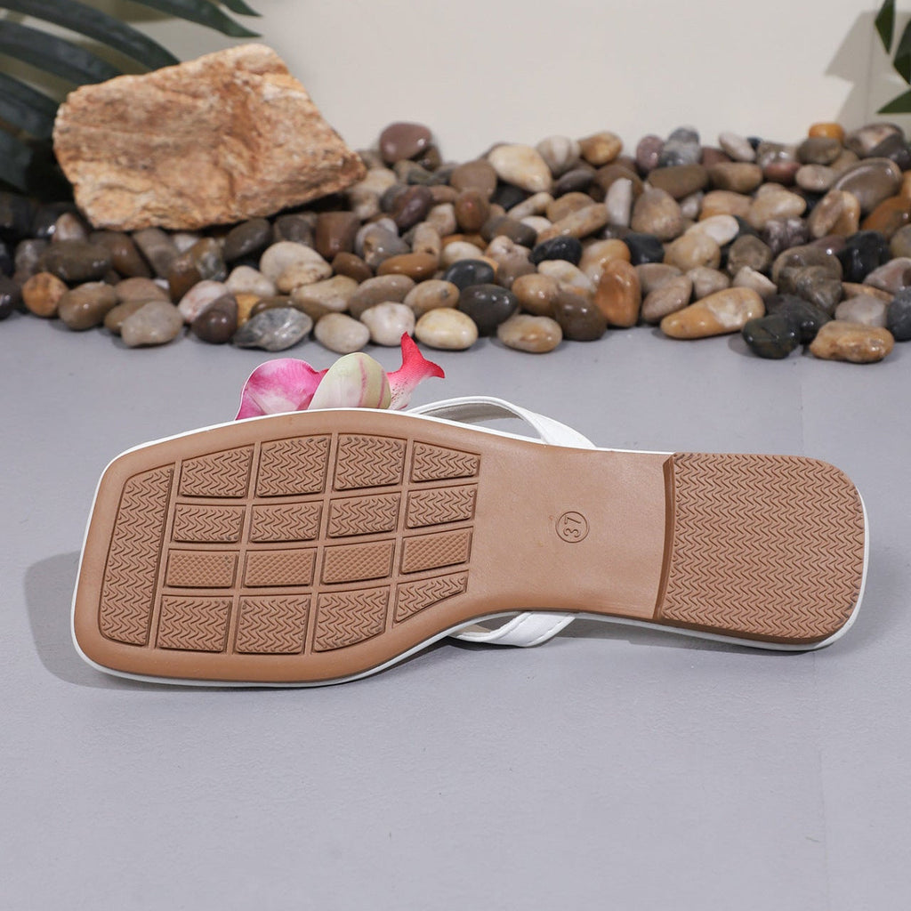 Women's White Square Toe Orchid Flower Flat Sandals with Charm Anklet