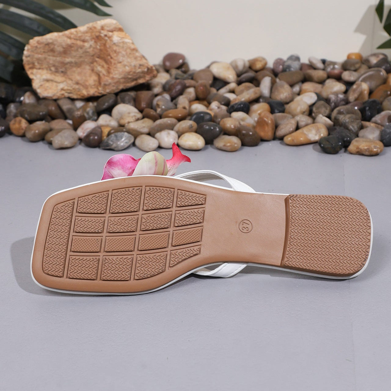 Women's White Square Toe Orchid Flower Flat Sandals with Charm Anklet