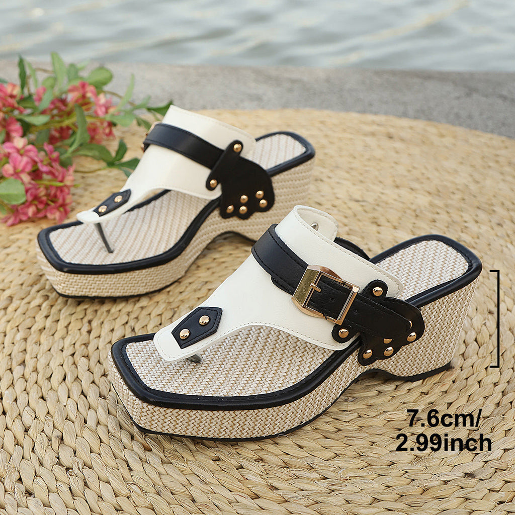 Women's Platform Wedge Thong Sandals - Black White Buckle Strap Chunky Heel Summer Shoes
