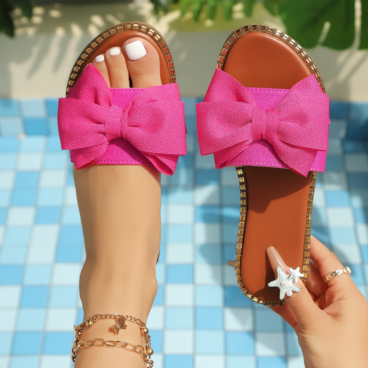 Big Bow Rhinestone Platform Slide Sandals Women - Chunky Summer Beach Slippers