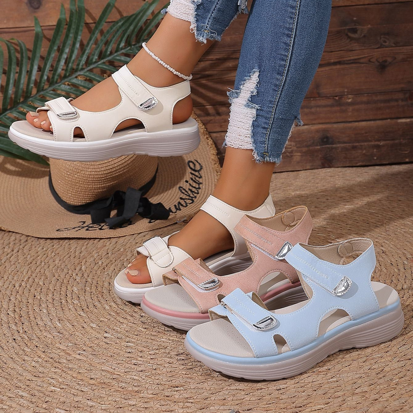 Women's Comfort Platform Sandals with Adjustable Velcro Straps – Lightweight Casual Summer Shoes