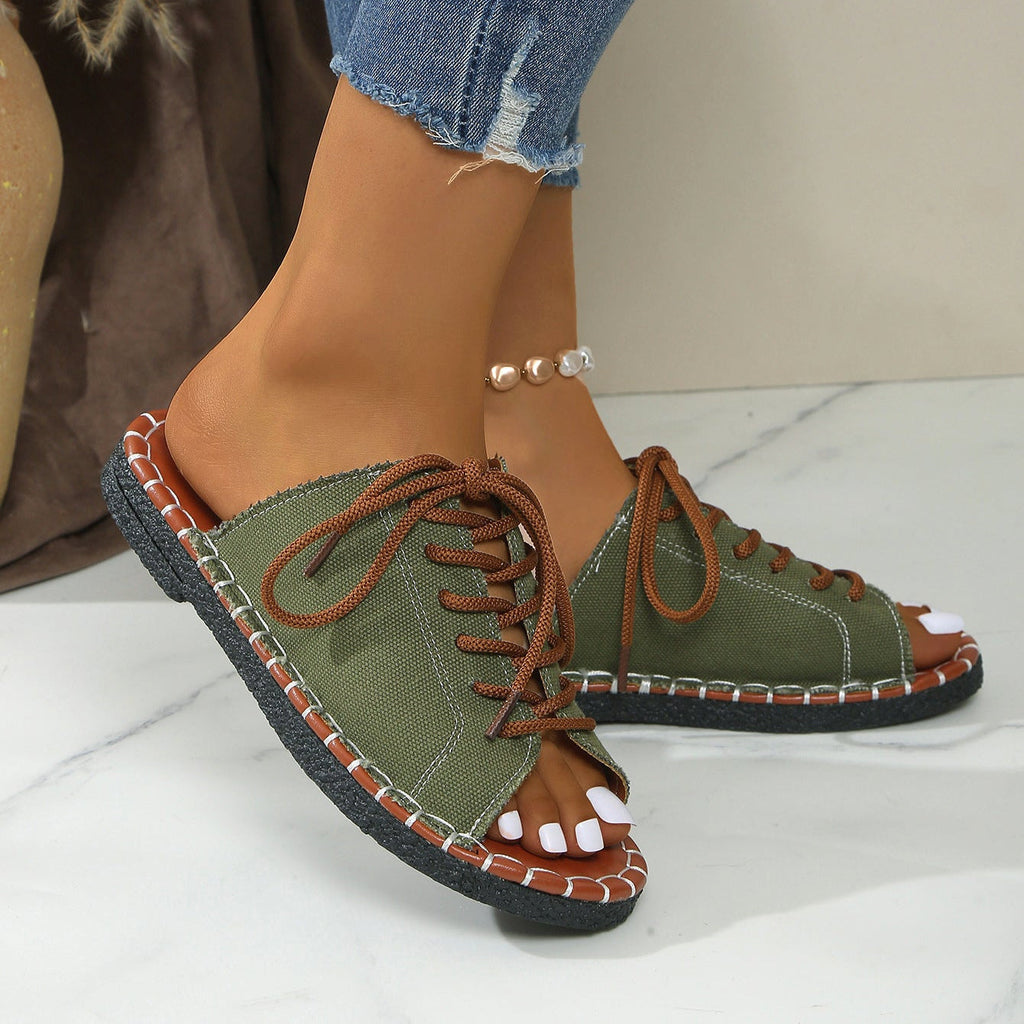 Women's Lace-Up Peep Toe Slide Sandals Casual Comfort Flat Sandals