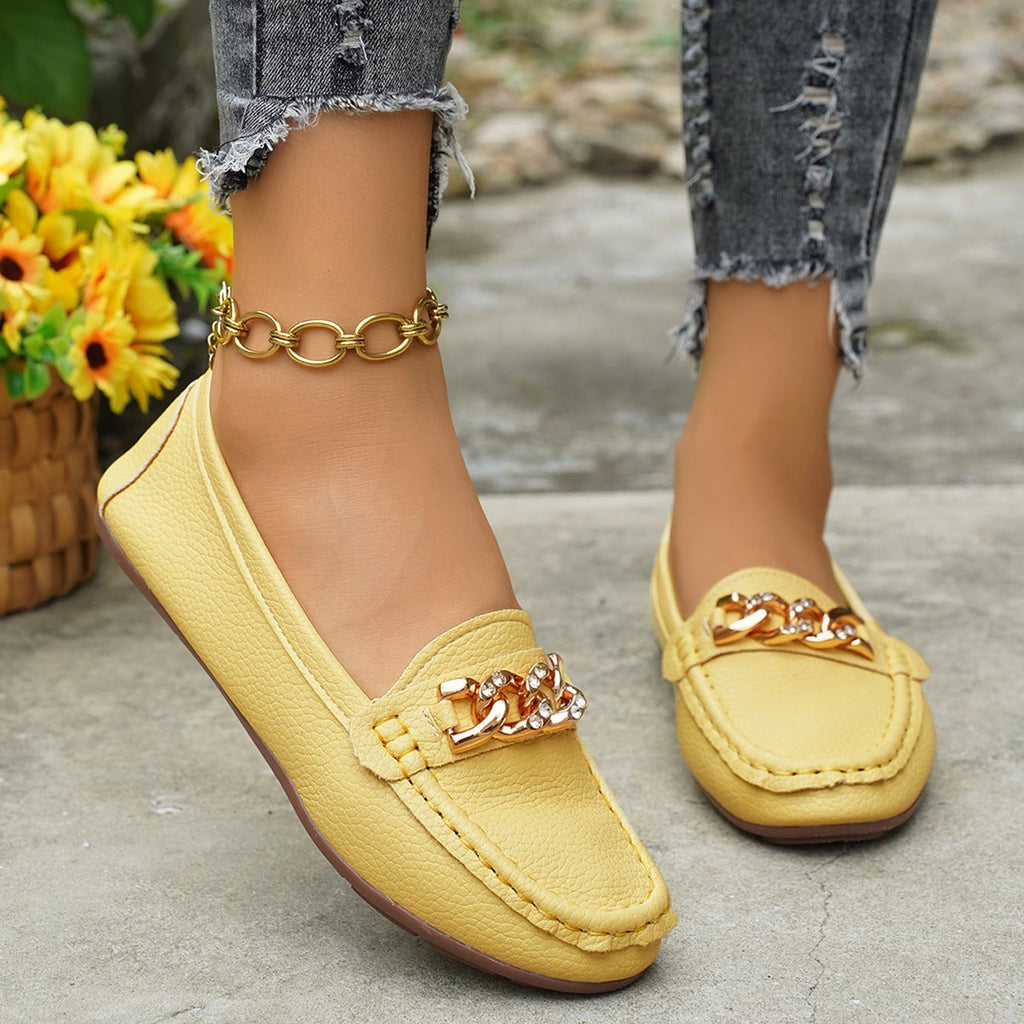 Women's Classic Chain Loafers with Gold Buckle Ornament – Comfortable Casual Slip-On Flats