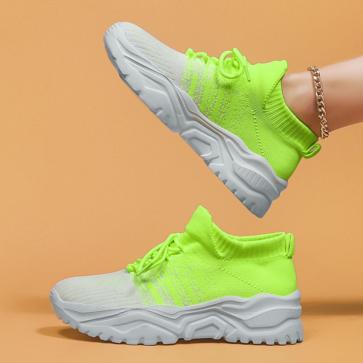 Women Knit Sneakers Chunky Platform Sock Shoes Lace Up Breathable Casual Trainers