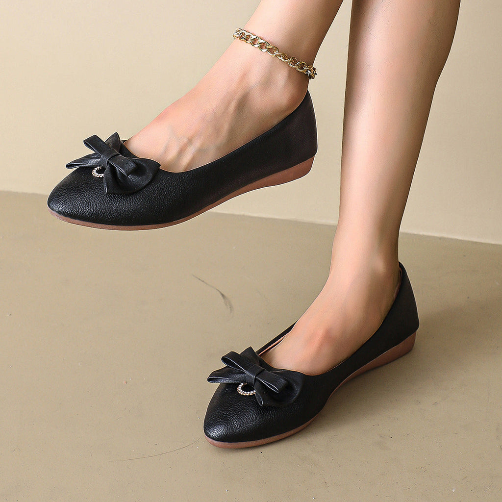 Women Pointed Toe Bow Flats with Rhinestone Comfort Low Wedge Shoes