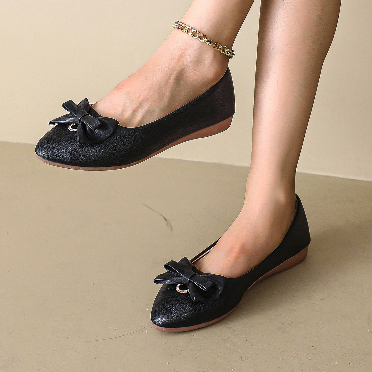 Women Pointed Toe Bow Flats with Rhinestone Comfort Low Wedge Shoes