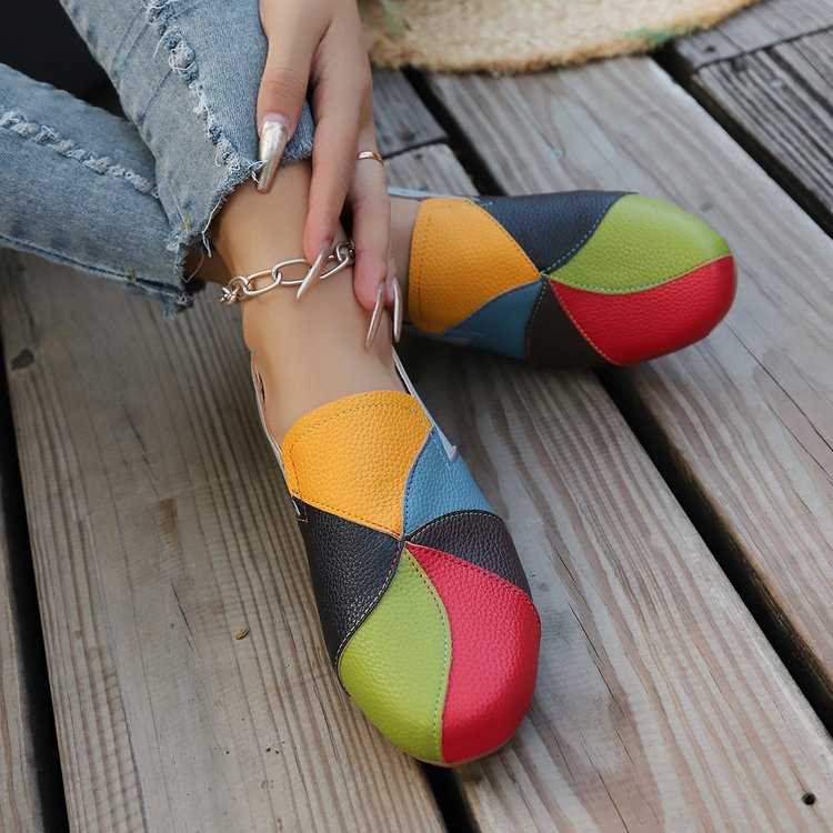 Women’s Colorful Patchwork Leather Slip-On Loafers with Chain Anklet