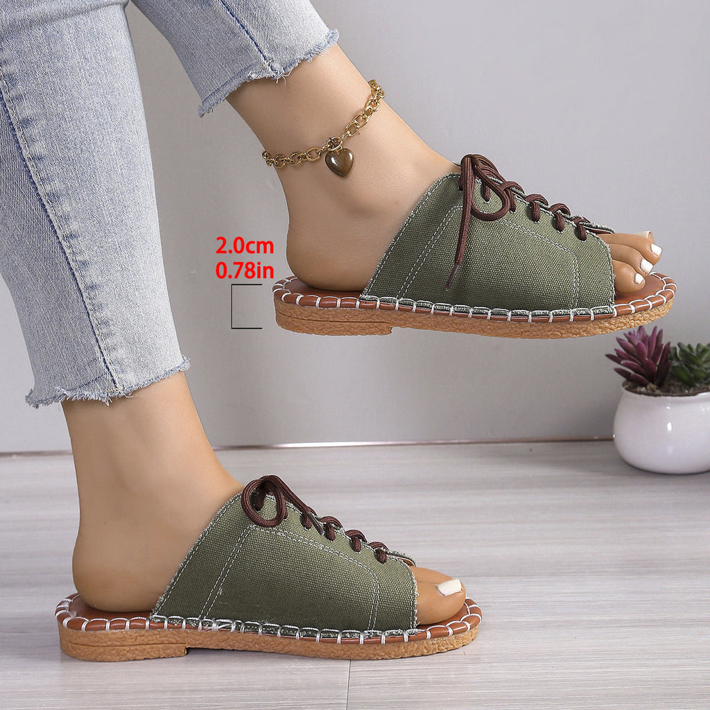 Women's Lace-Up Peep Toe Slide Sandals Casual Comfort Flat Sandals