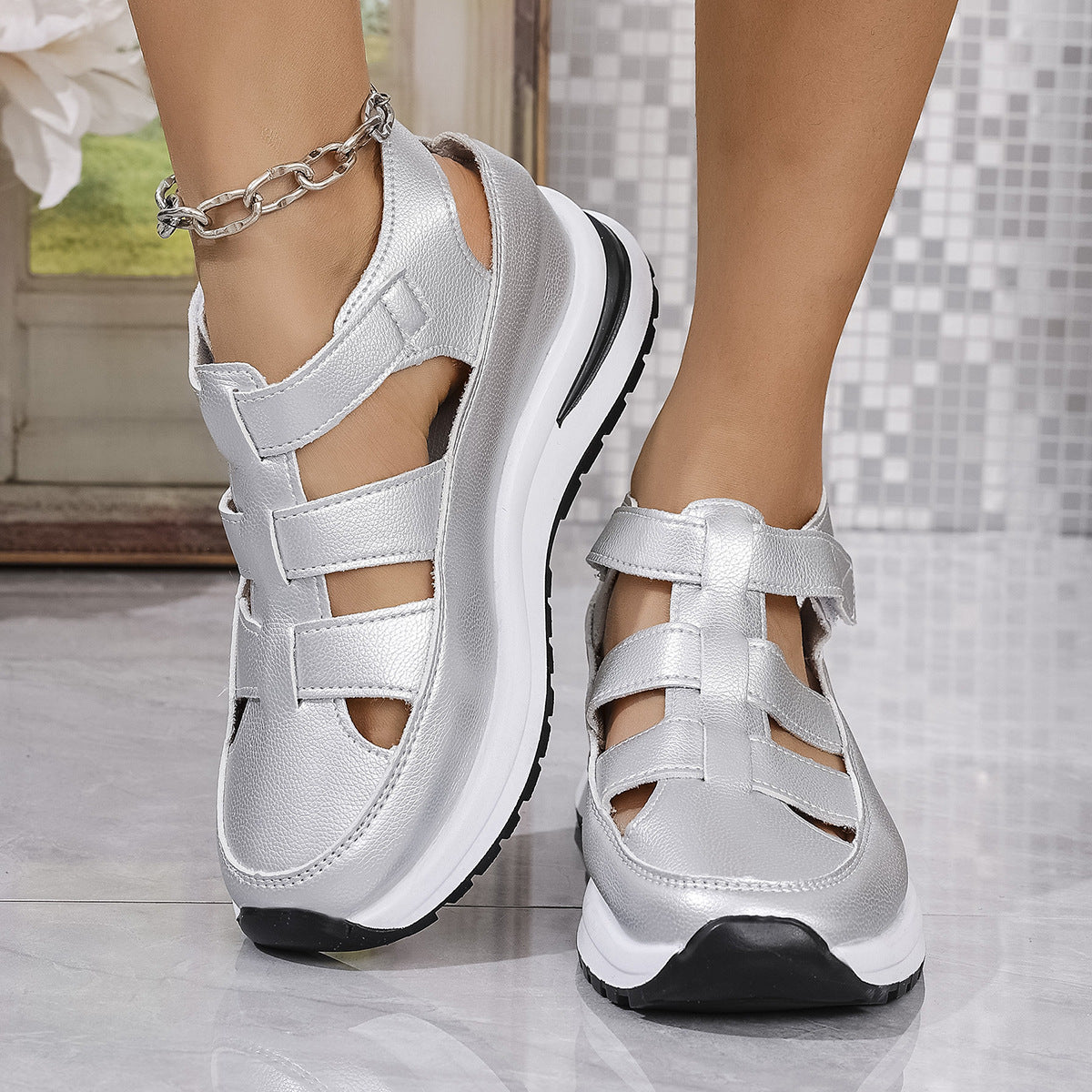 Women Platform Velcro Sandals Chunky Sole Cutout Comfort Casual Shoes