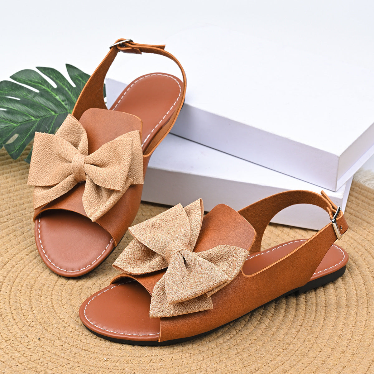 Women Peep Toe Bow Flat Sandals with Ankle Strap - Comfortable Summer Dress Shoes