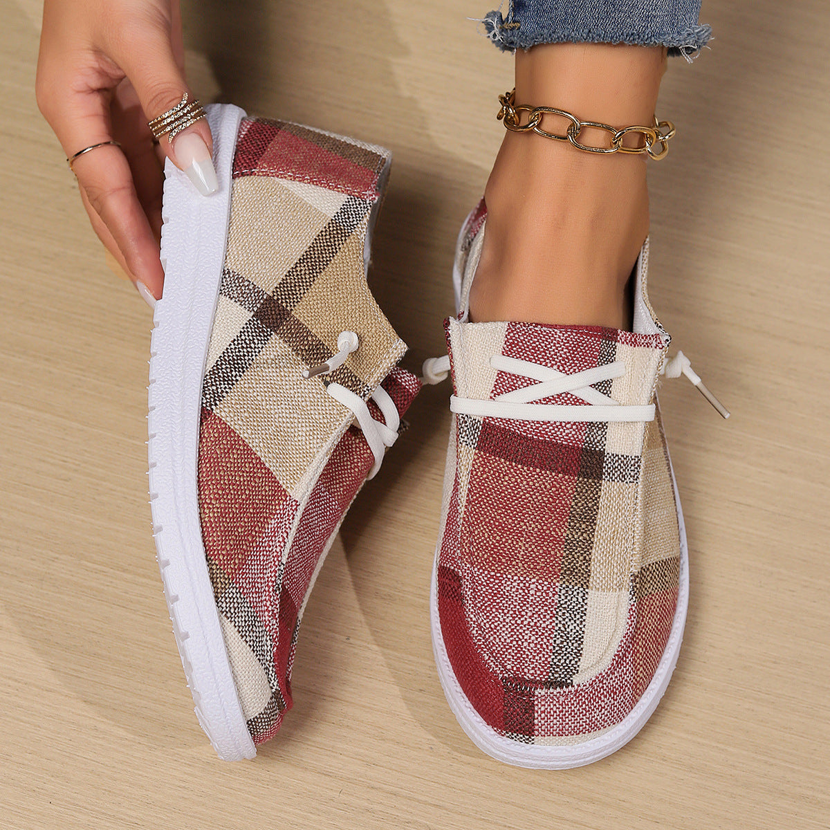 Plaid Canvas Slip-On Sneakers Women Casual Lace-Up Comfort Shoes