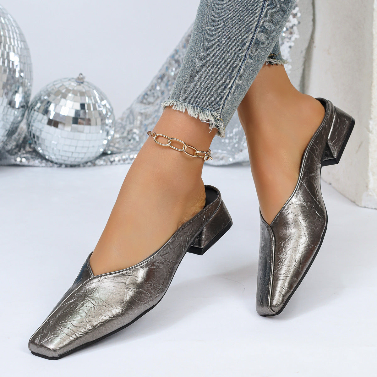 Chic Crocodile Texture Square Toe Block Heel Mules - 3.5cm Low Heel Slip-On Shoes