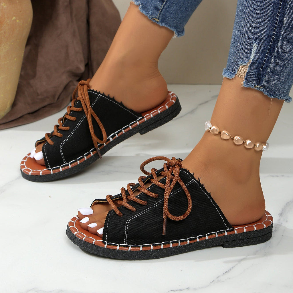 Women's Lace-Up Peep Toe Slide Sandals Casual Comfort Flat Sandals