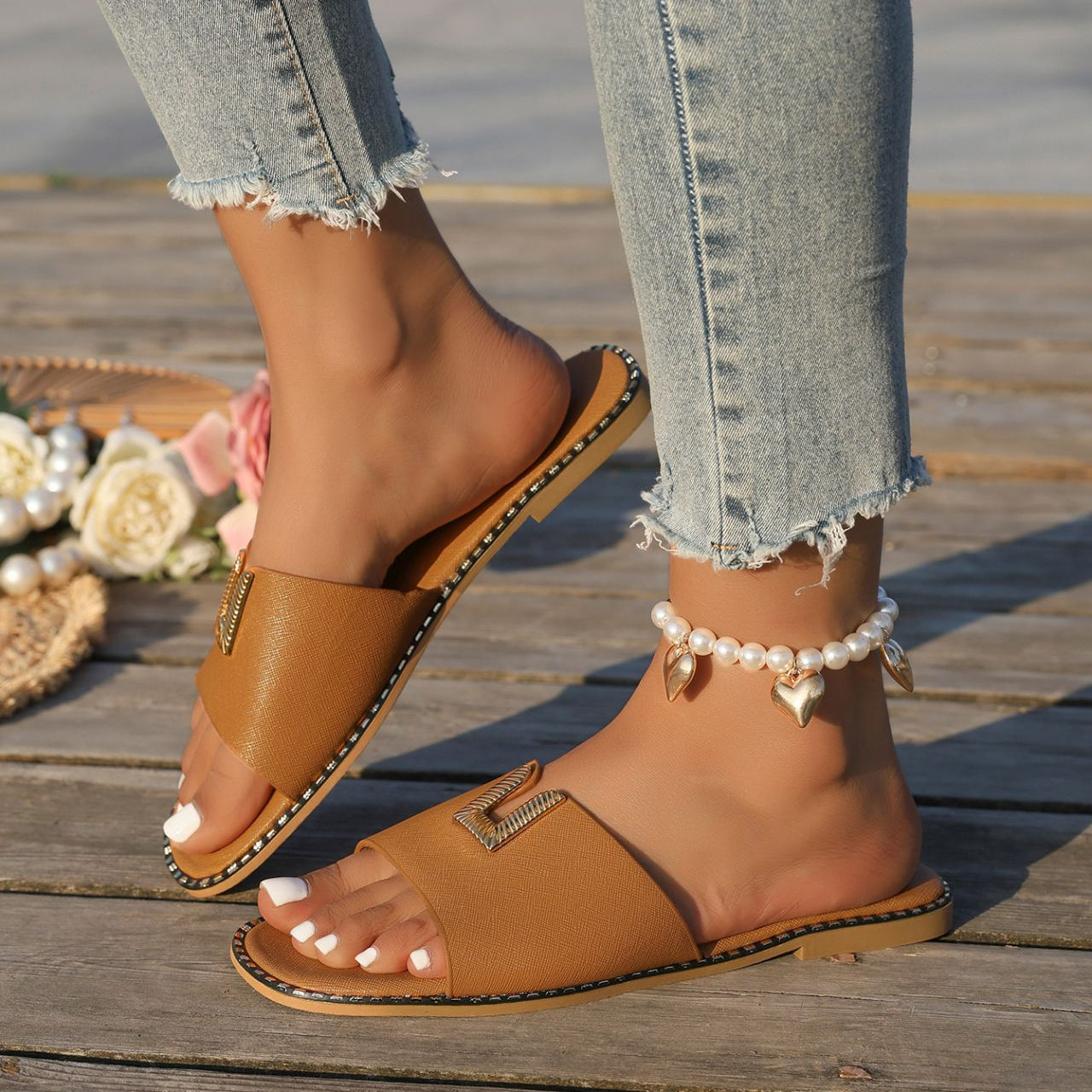 Women's Square Toe Slide Sandals with Gold U-Buckle Ornament – Studded Flat Slippers