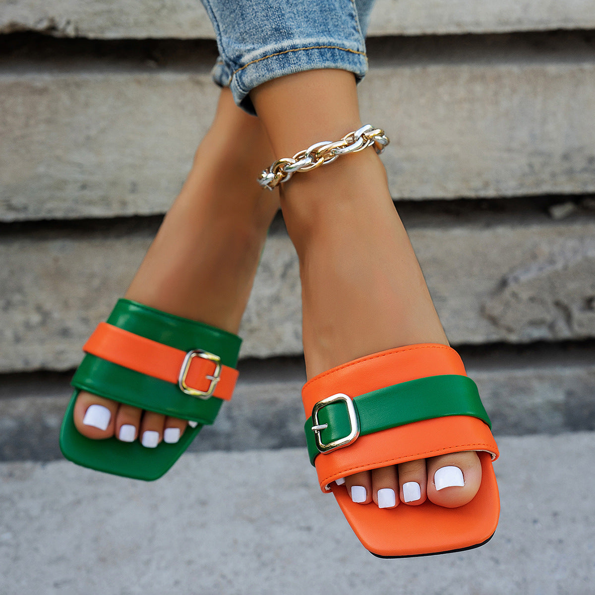 Women's Color Block Square Toe Flat Sandals with Geometric Straps