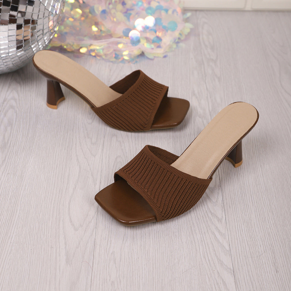 Ribbed Knit Square Toe Block Heel Mules – Comfortable Slip-On Sandals