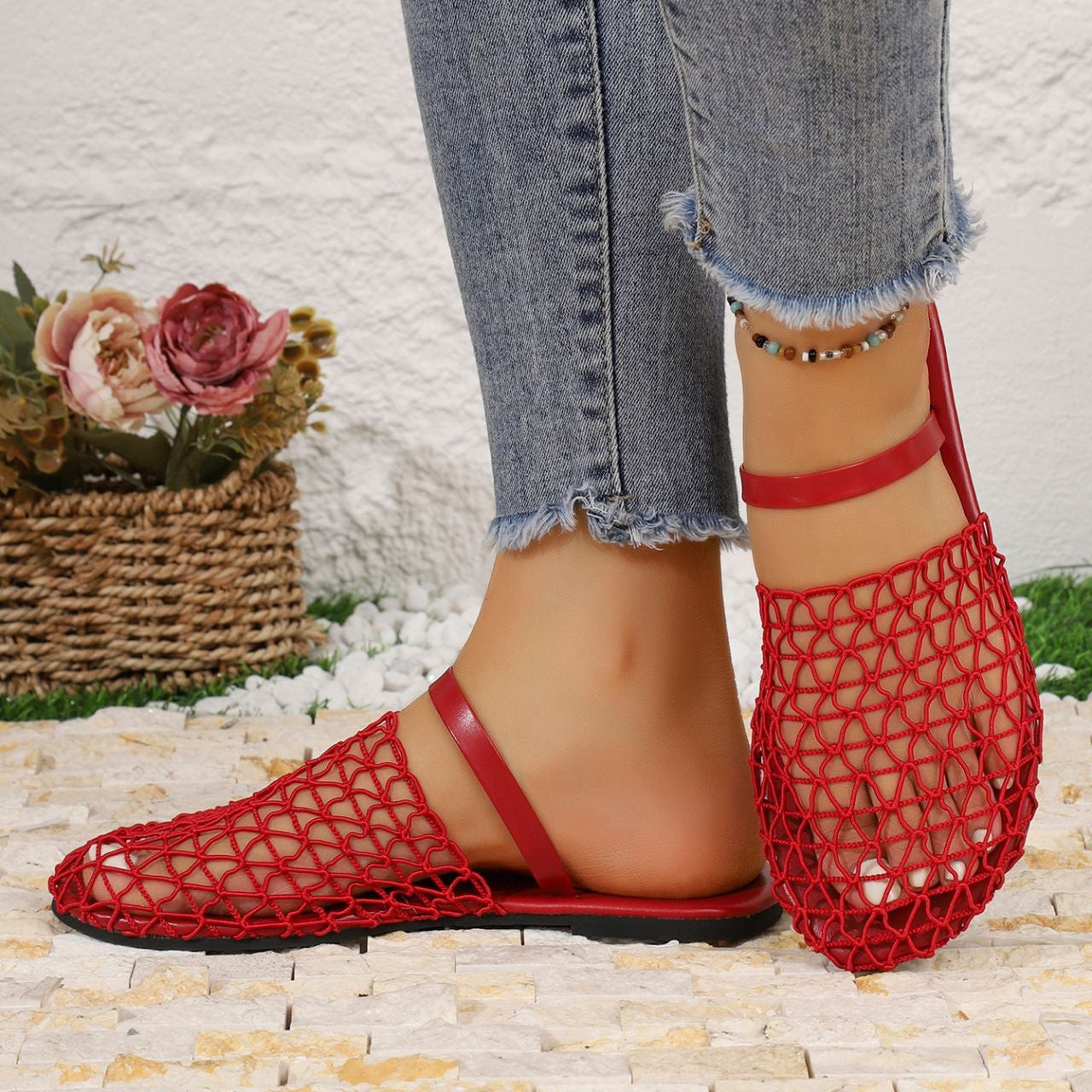 Women's Breathable Mesh Slingback Flat Sandals – Hollow Out Woven Comfort Slip-On Shoes