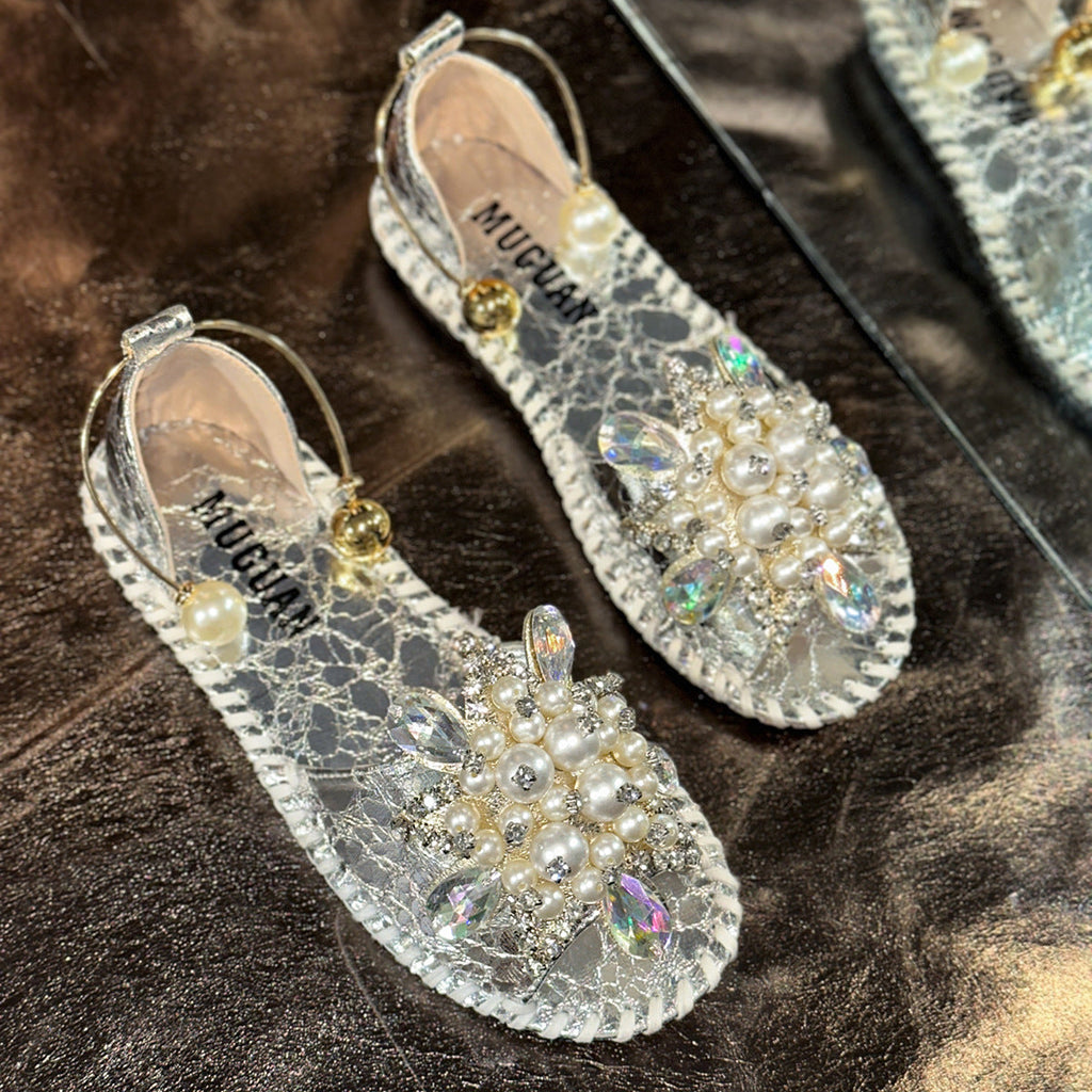 Women Sparkly Pearl Crystal Embellished Peep Toe Flat Sandals with Ankle Strap