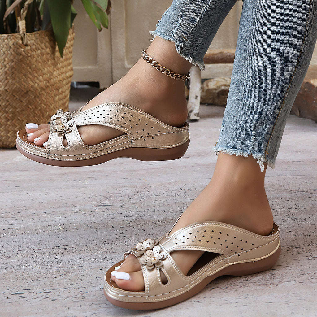 Women’s Platform Slide Sandals with Flower Embellishment – Perforated Breathable Comfort Wedges