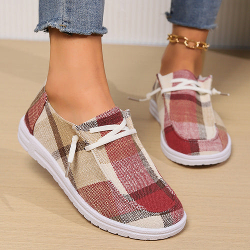 Plaid Canvas Slip-On Sneakers Women Casual Lace-Up Comfort Shoes