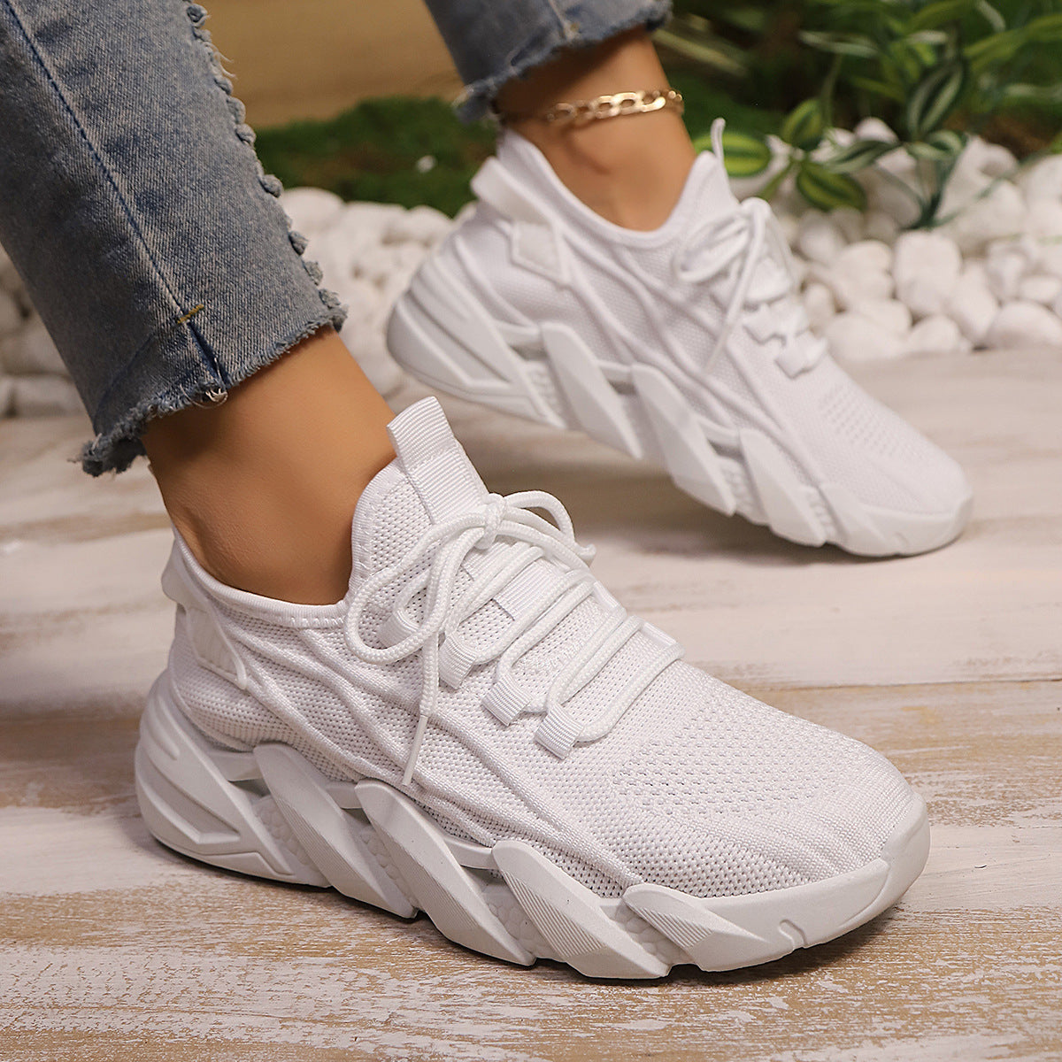Women's Chunky Platform Mesh Sneakers - Lightweight Breathable Lace-Up Casual Shoes