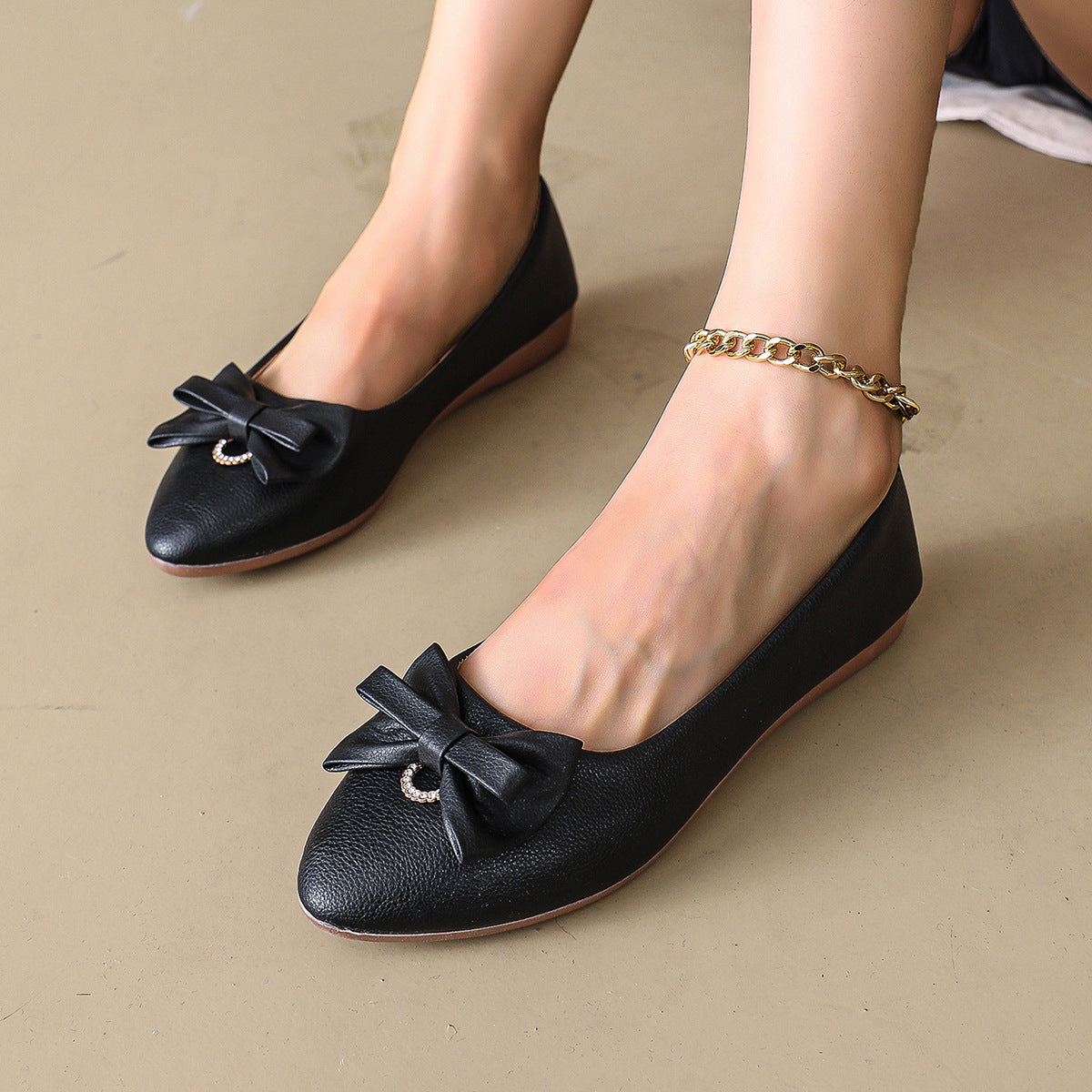 Women Pointed Toe Bow Flats with Rhinestone Comfort Low Wedge Shoes