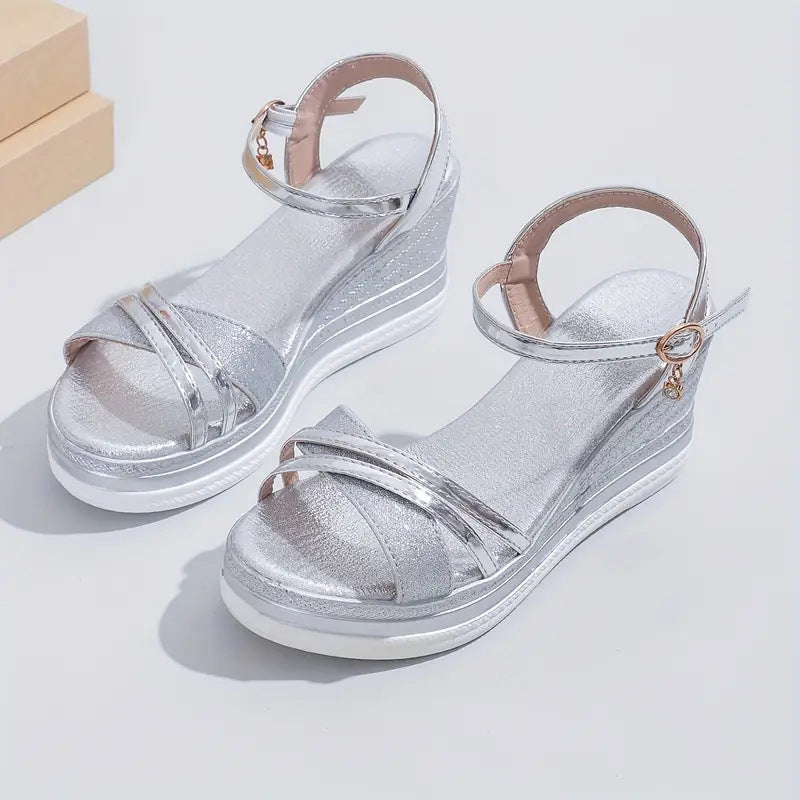 Women Platform Wedge Sandals Criss Cross Straps Ankle Buckle Summer Shoes