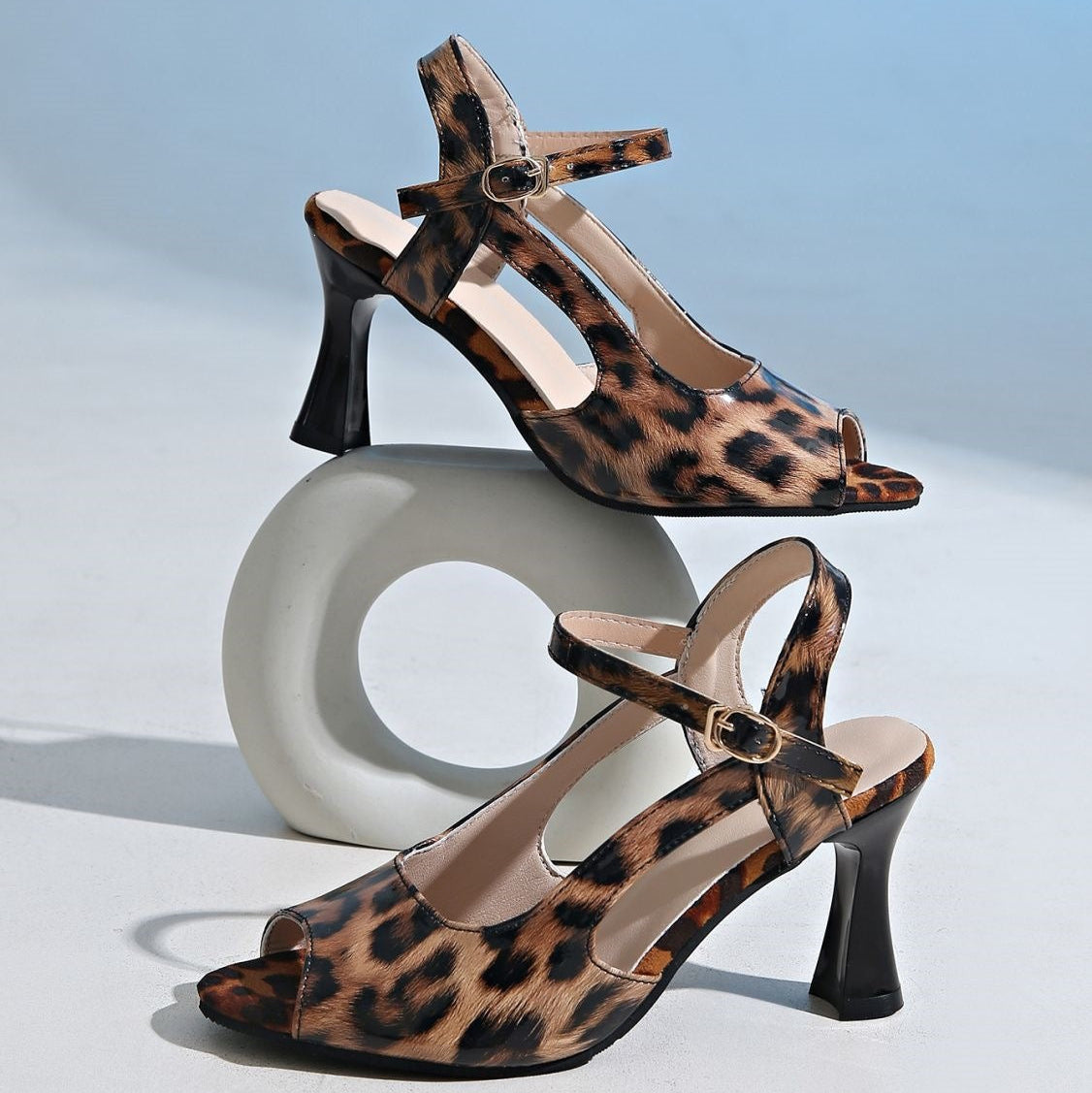 Leopard Print Peep Toe Slingback Heels – 8cm Chic Block Heel Sandals