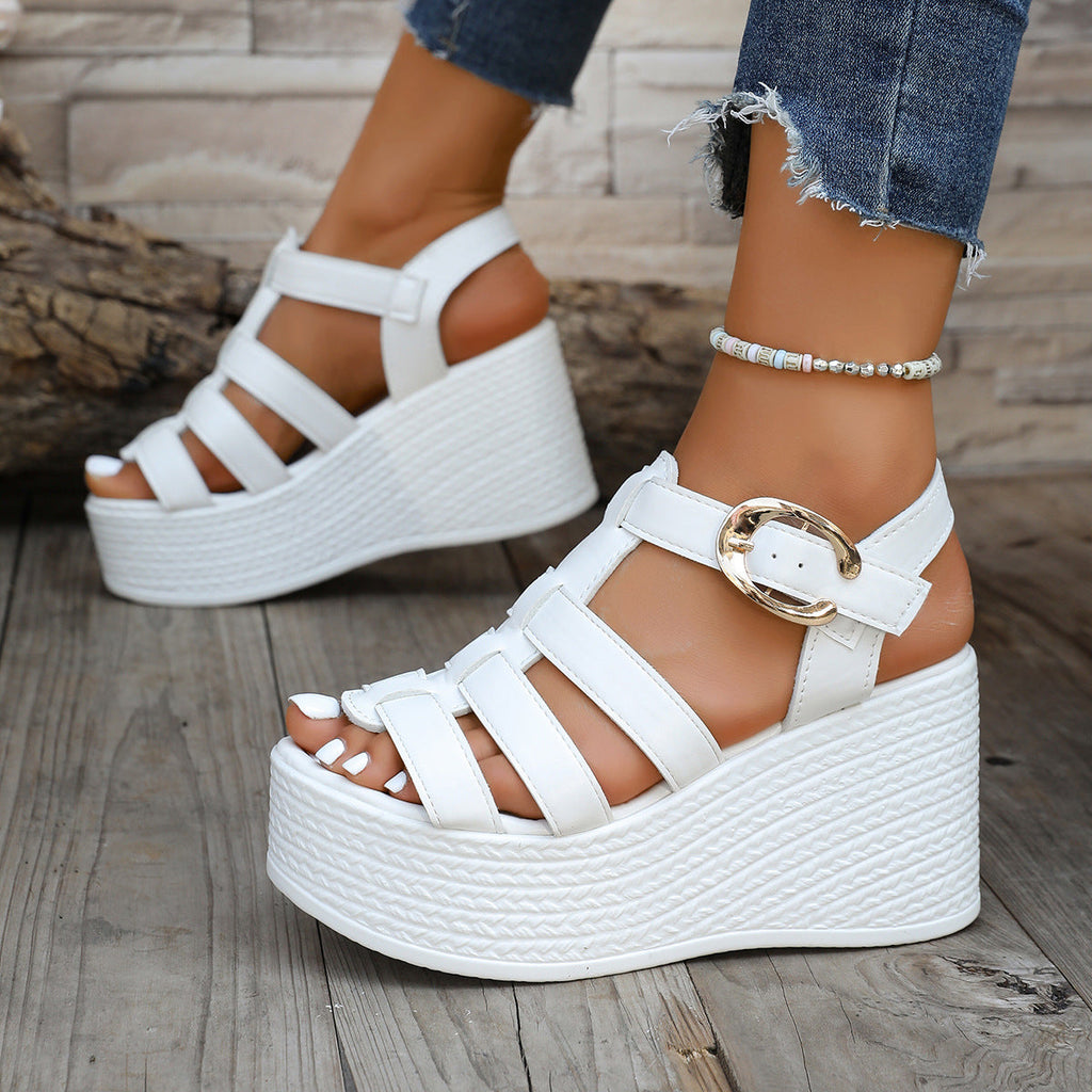 Women's Strappy Platform Wedge Sandals with Buckle – Chunky Peep Toe Summer Shoes