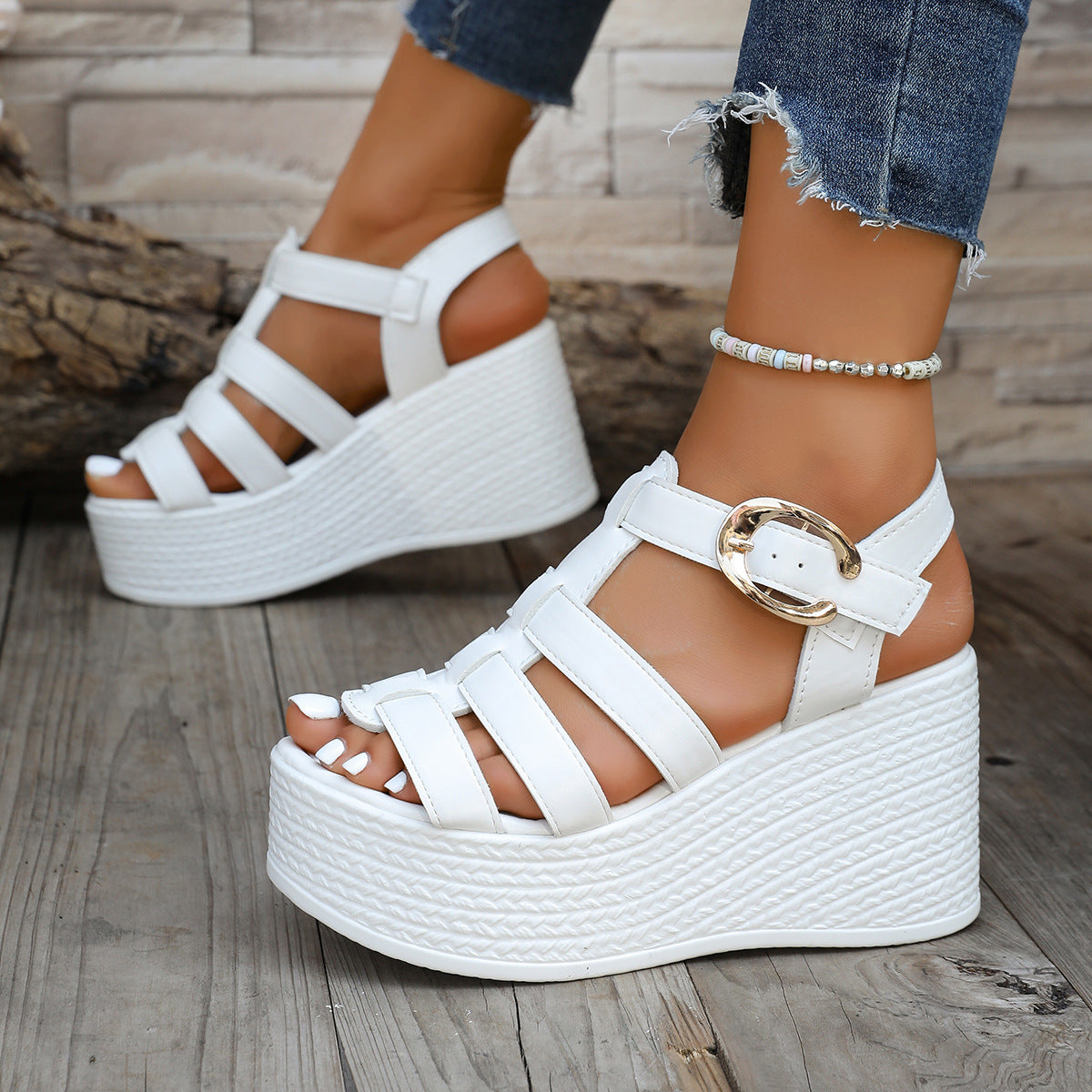 Women's Strappy Platform Wedge Sandals with Buckle – Chunky Peep Toe Summer Shoes