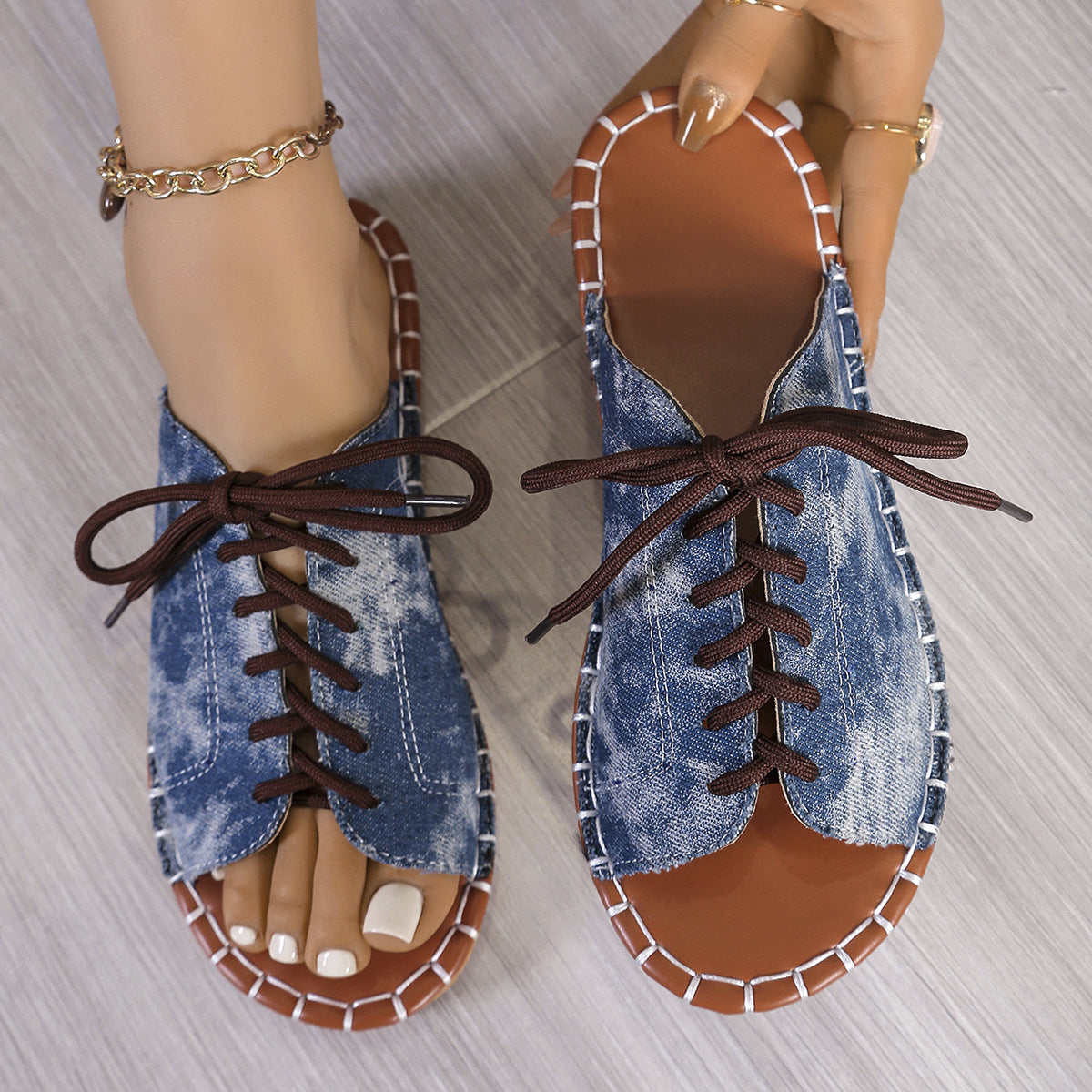 Women's Lace-Up Peep Toe Slide Sandals Casual Comfort Flat Sandals