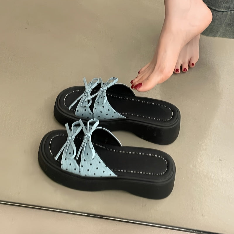 Polka Dot Bow Platform Slide Sandals Women - Chunky Thick Sole Summer Slippers
