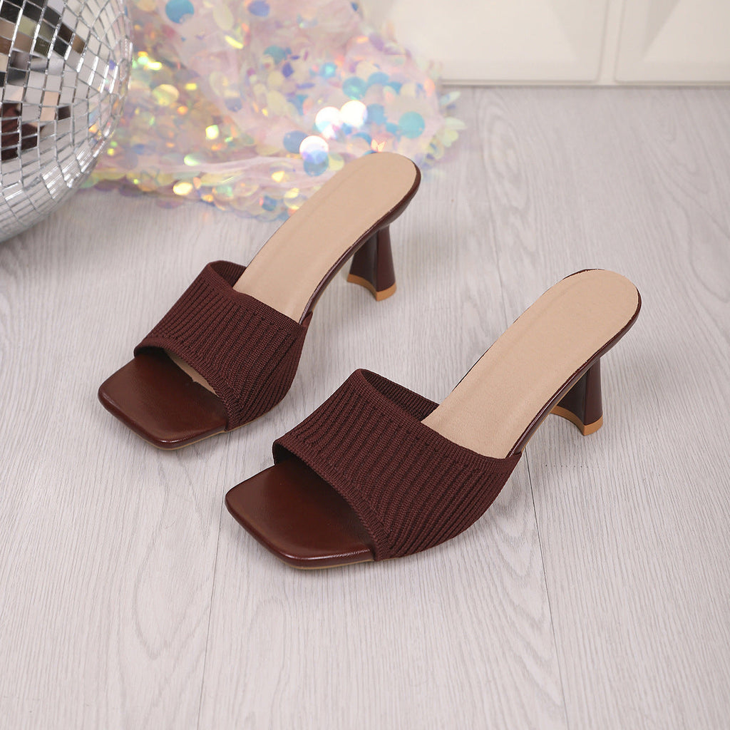 Ribbed Knit Square Toe Block Heel Mules – Comfortable Slip-On Sandals