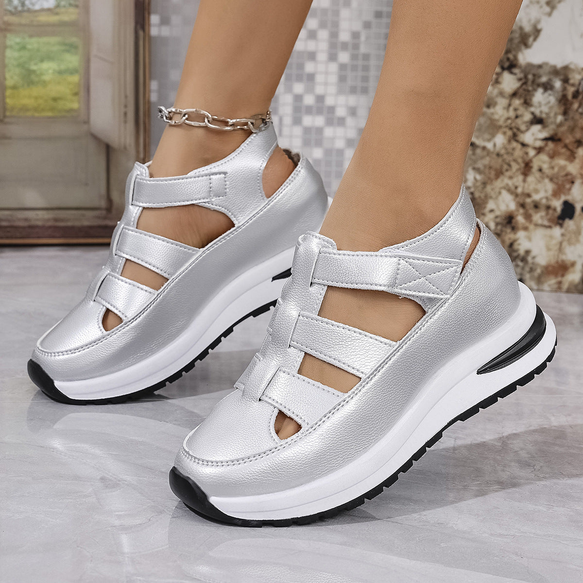 Women Platform Velcro Sandals Chunky Sole Cutout Comfort Casual Shoes