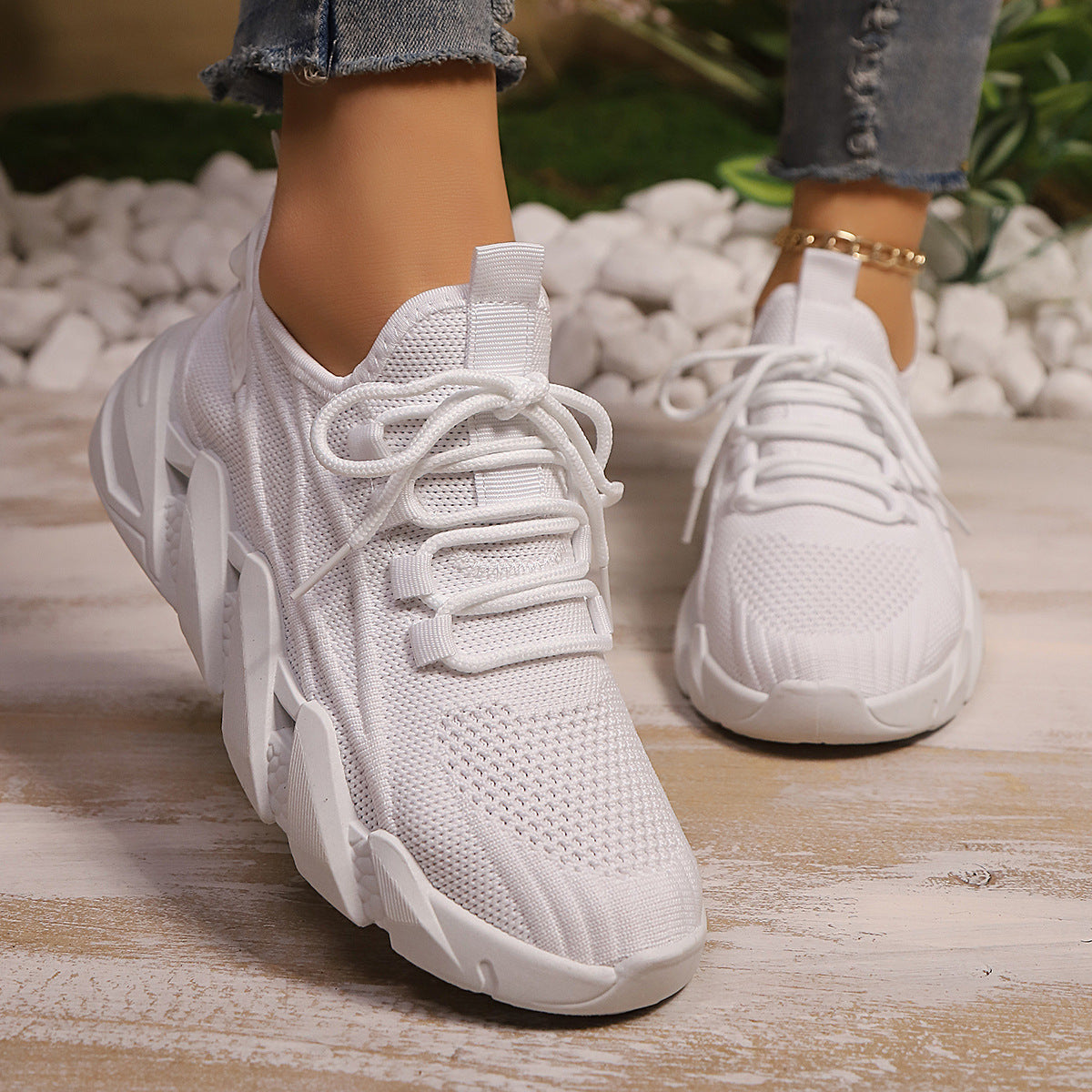 Women's Chunky Platform Mesh Sneakers - Lightweight Breathable Lace-Up Casual Shoes