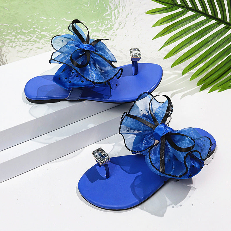 Women’s Bowknot Flat Sandals with Crystal Toe Ring Summer Beach Slides