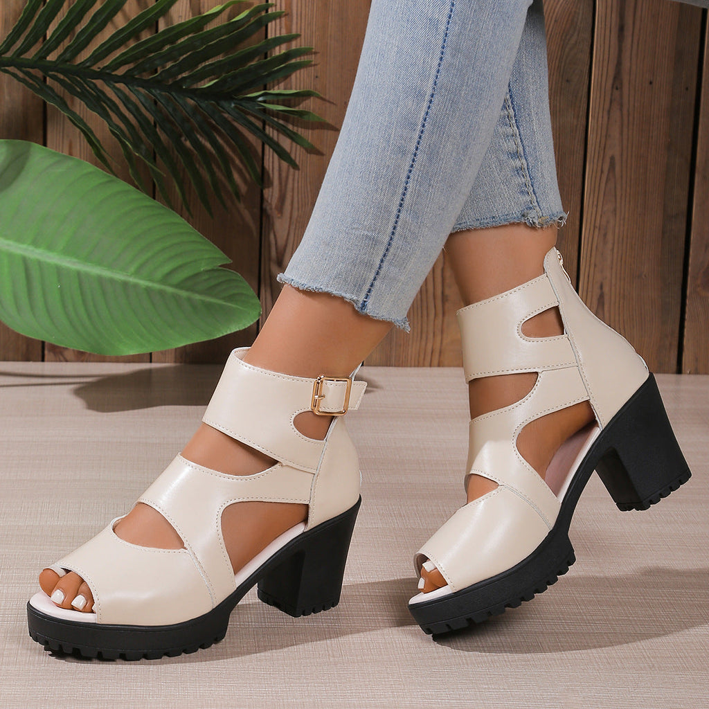 Women Peep Toe Platform Chunky Heel Sandals with Ankle Buckle 7.5cm