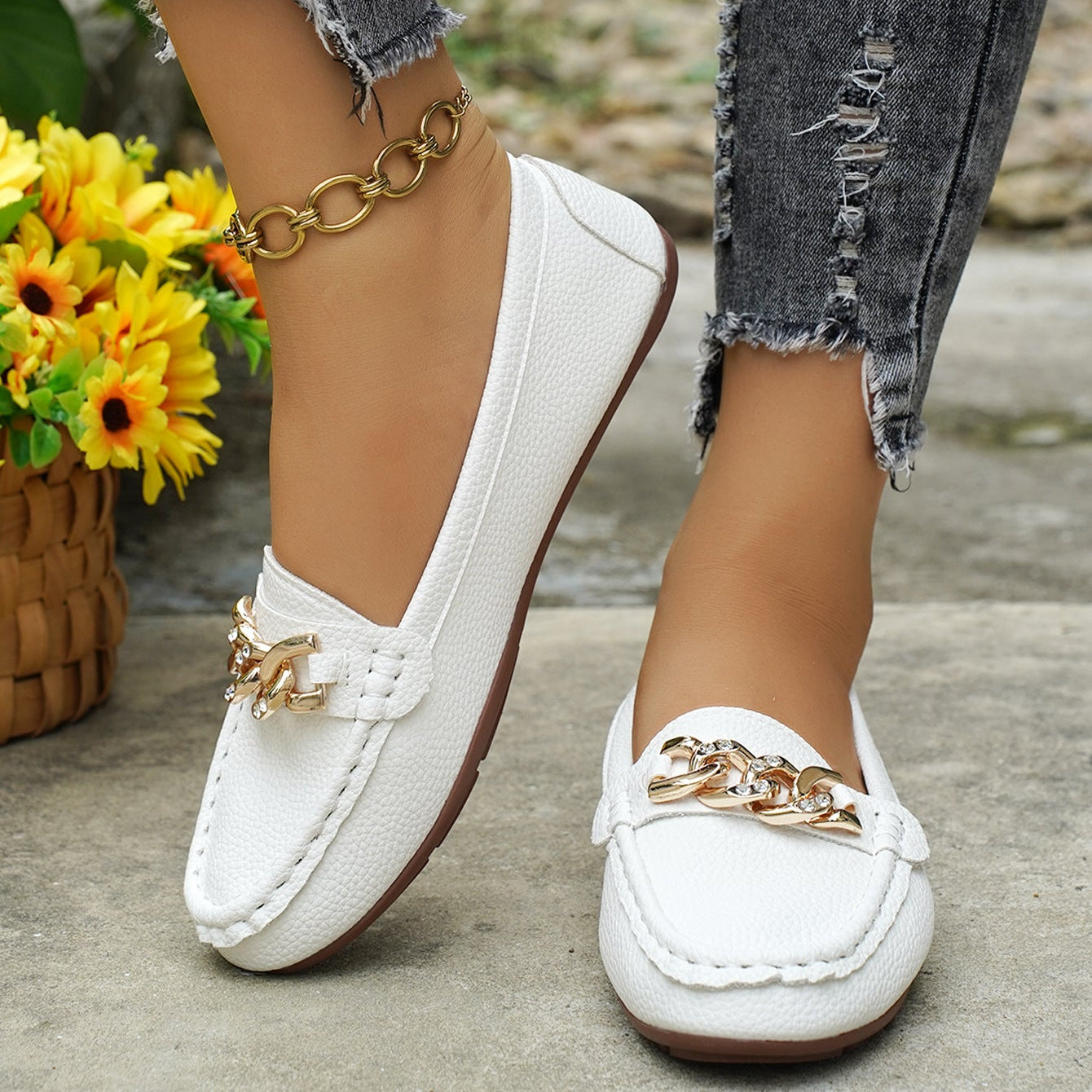 Women's Classic Chain Loafers with Gold Buckle Ornament – Comfortable Casual Slip-On Flats