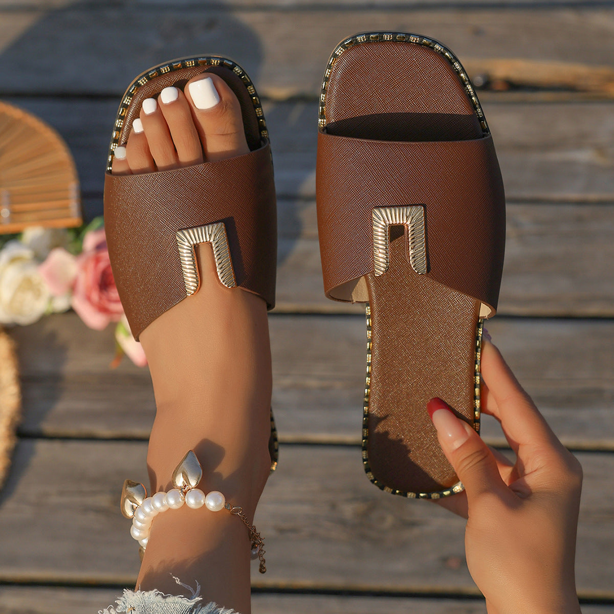 Women's Square Toe Slide Sandals with Gold U-Buckle Ornament – Studded Flat Slippers
