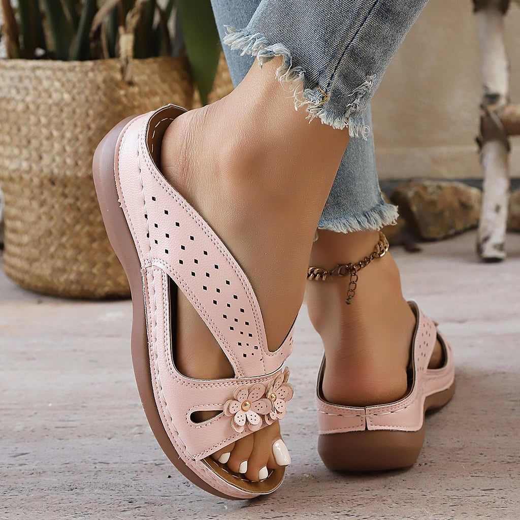 Women’s Platform Slide Sandals with Flower Embellishment – Perforated Breathable Comfort Wedges