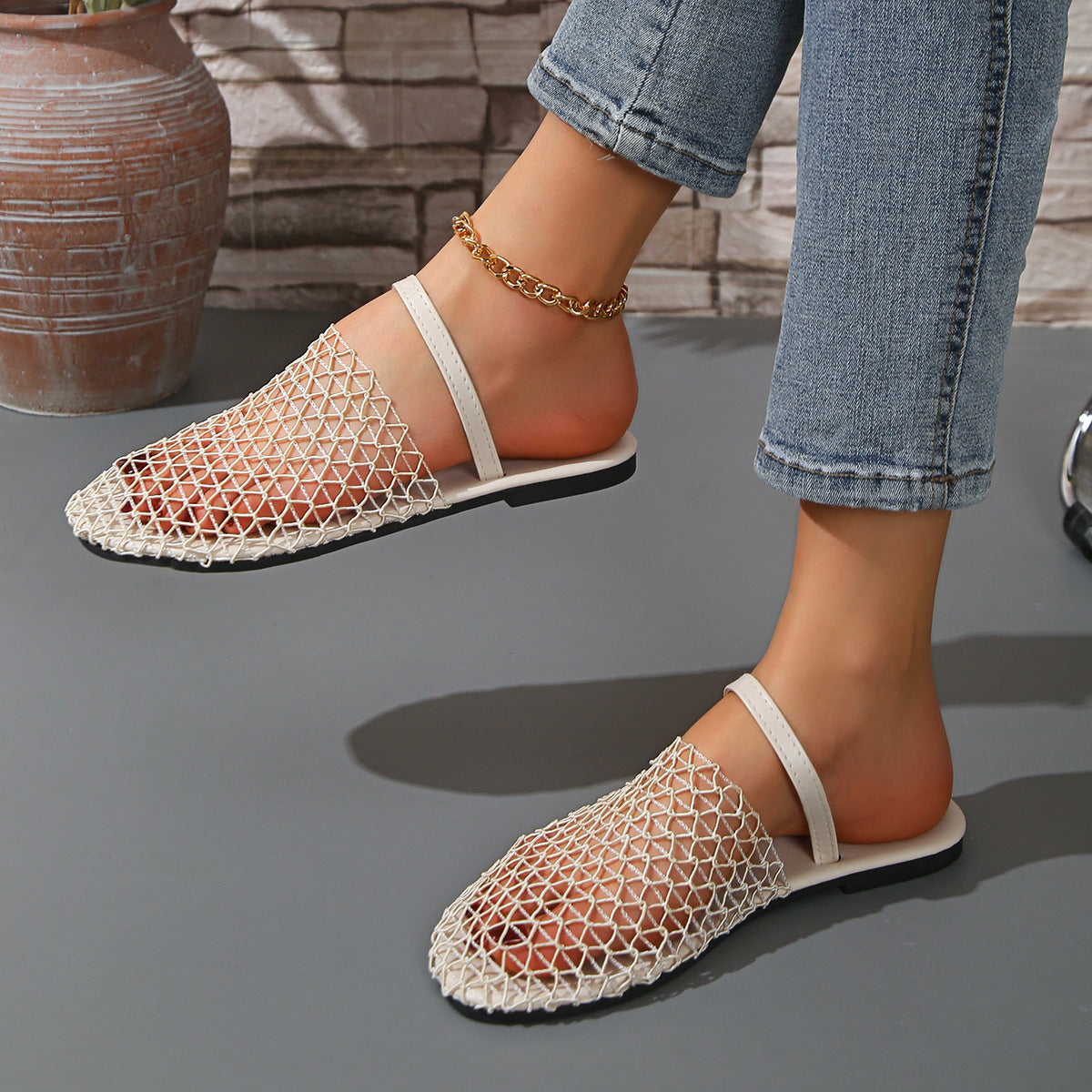 Women's Breathable Mesh Slingback Flat Sandals – Hollow Out Woven Comfort Slip-On Shoes