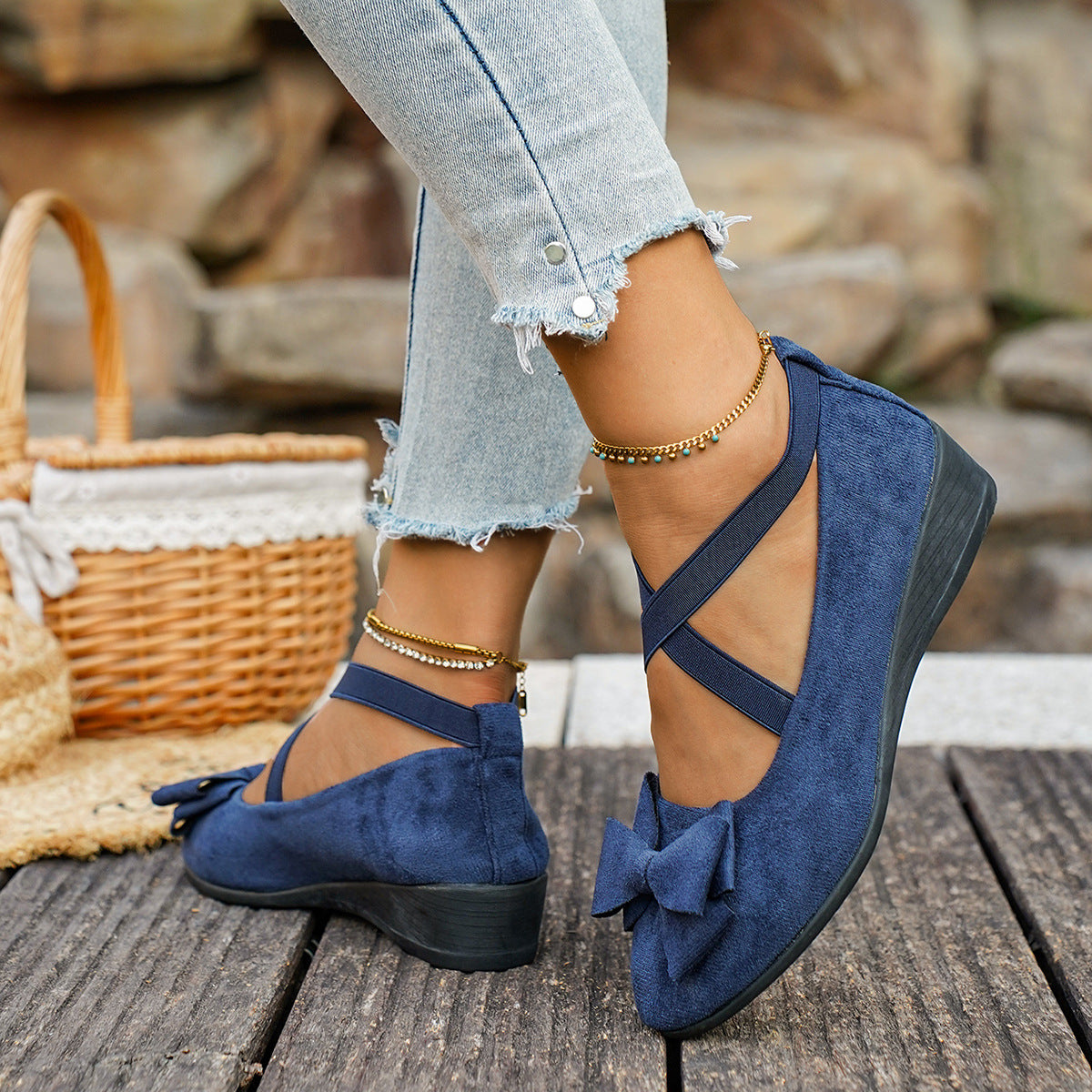 Women Bow Wedge Shoes Criss Cross Strap Suede Mary Jane Flats