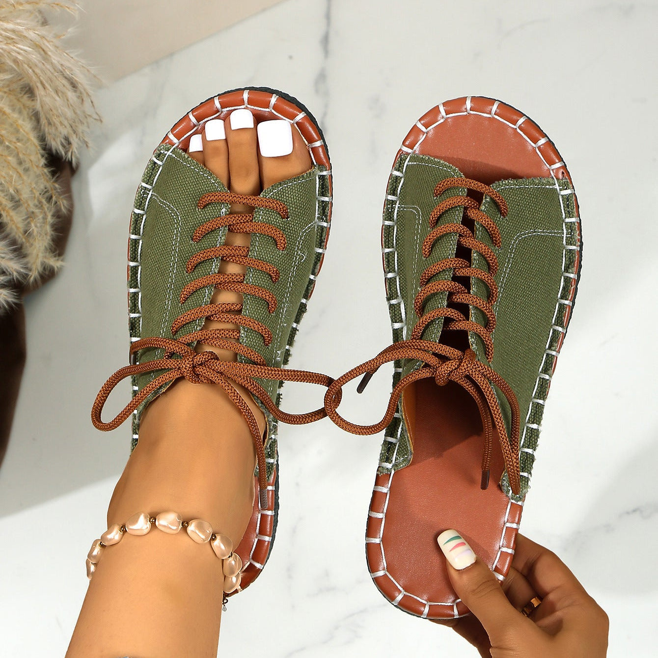 Women's Lace-Up Peep Toe Slide Sandals Casual Comfort Flat Sandals