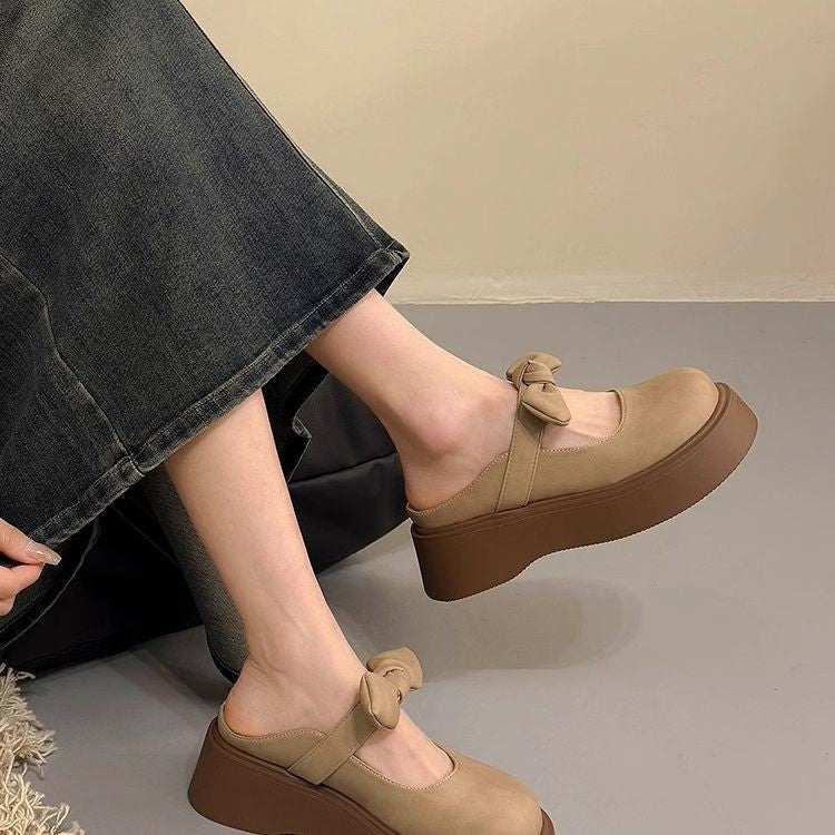 Women's Bow Platform Mary Jane Mules – Chunky Suede Slip-On Loafers