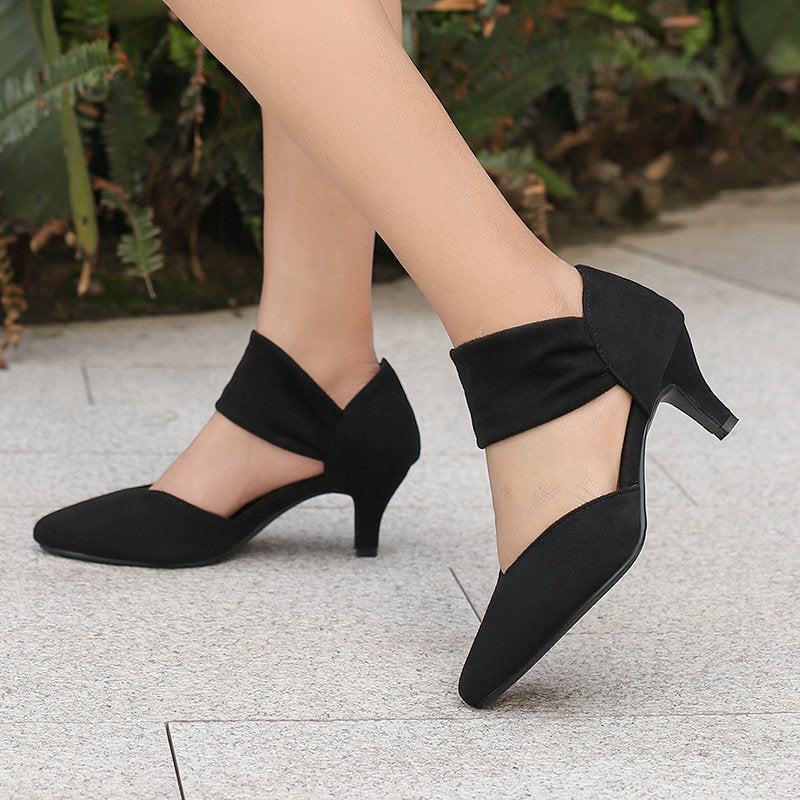 Women Pointed Toe Kitten Heel Ankle Strap Pumps - Suede Low Heel Dress Shoes