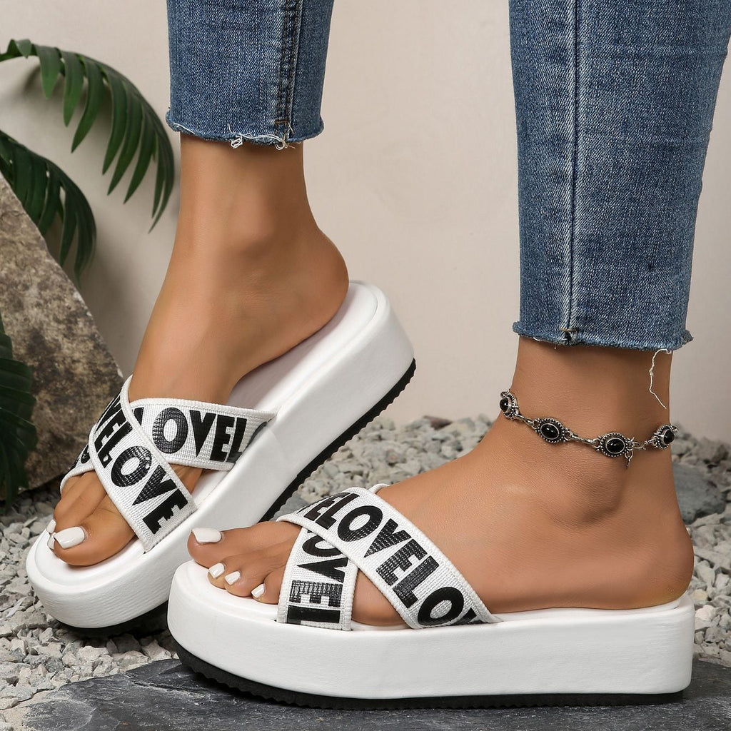 Women's LOVE Cross-Strap Platform Slide Sandals – Lightweight Casual Comfort Slippers