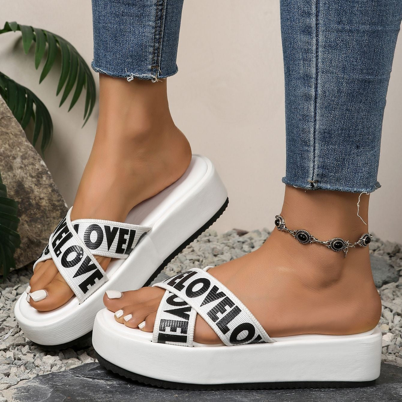 Women's LOVE Cross-Strap Platform Slide Sandals – Lightweight Casual Comfort Slippers