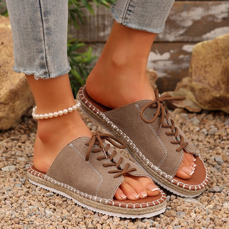 Women's Lace-Up Peep Toe Slide Sandals Casual Comfort Flat Sandals