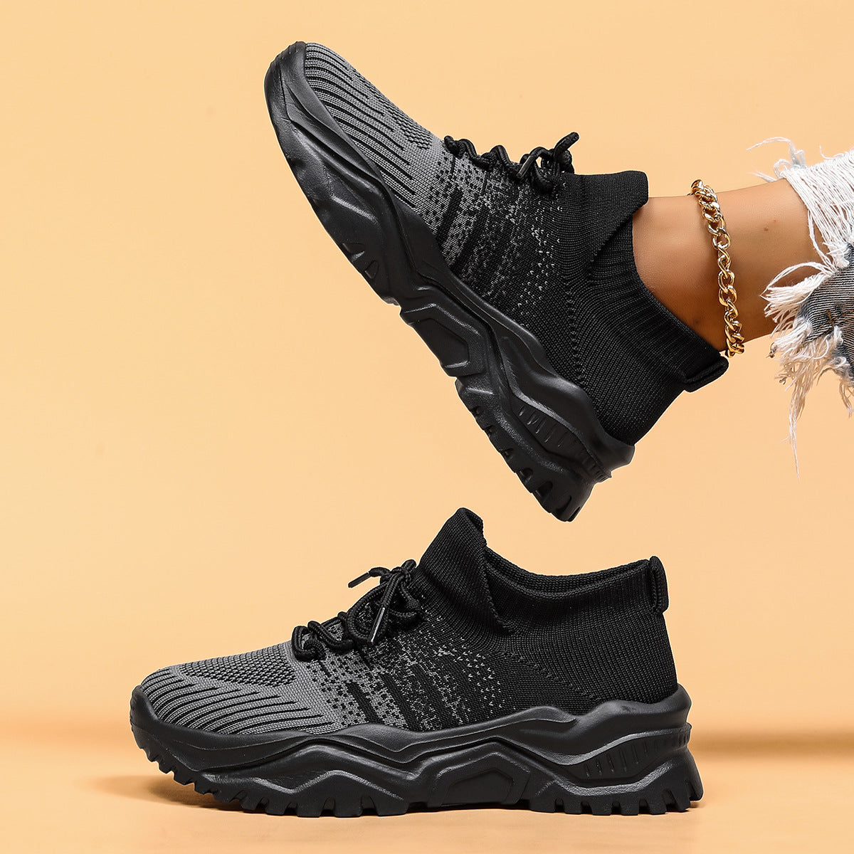 Women Knit Sneakers Chunky Platform Sock Shoes Lace Up Breathable Casual Trainers